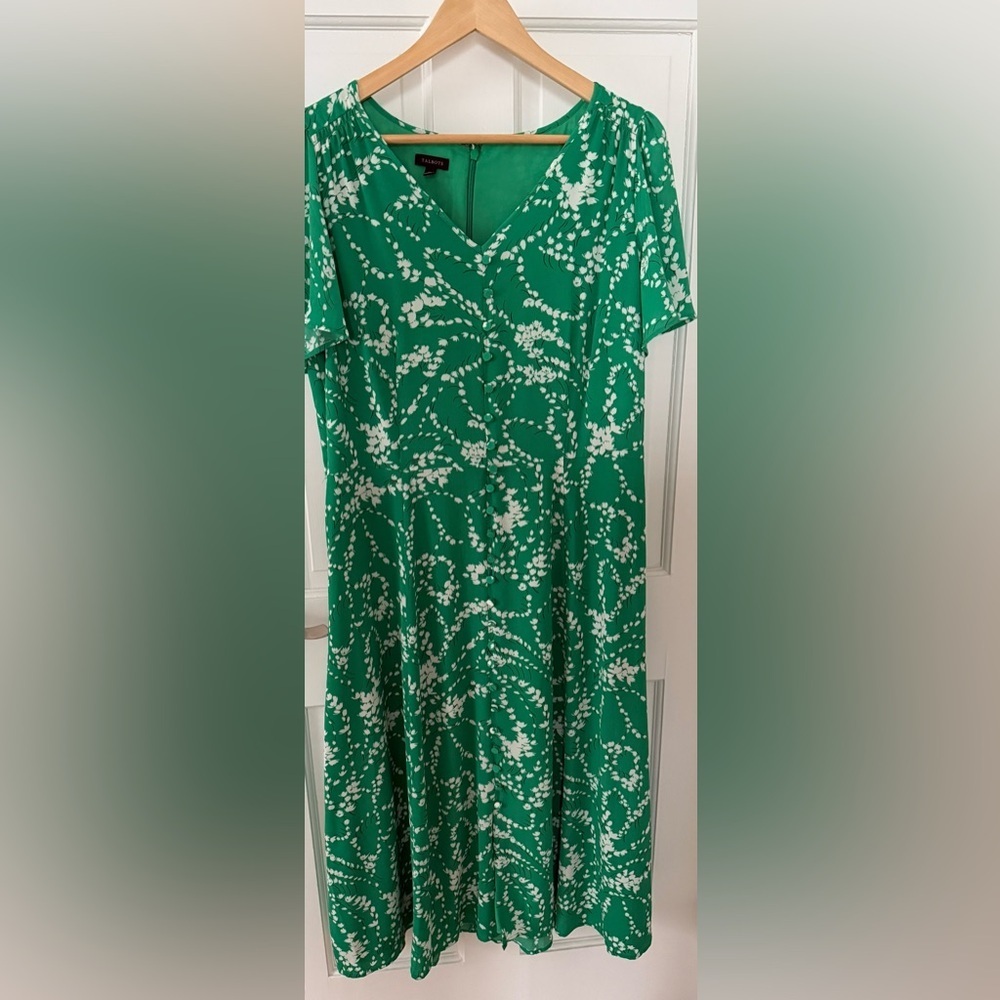 Talbots Size 14 Bright Green & White Floral Button Front Short Sleeve Dress